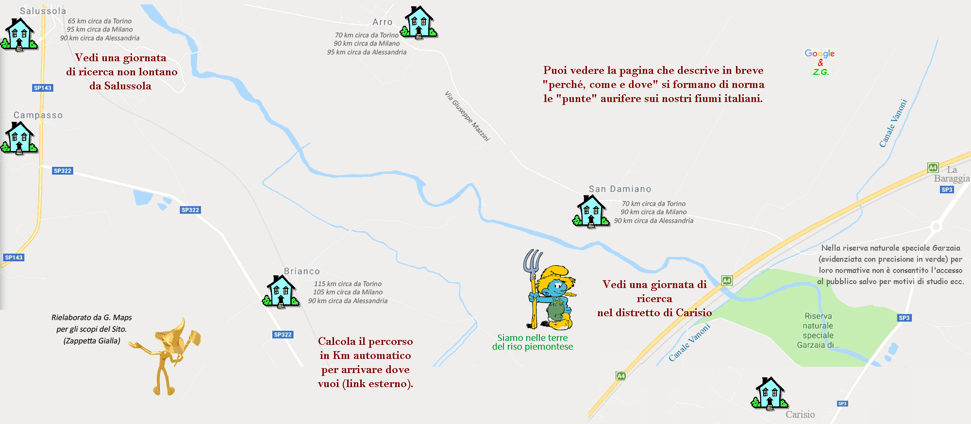 Mappa Elvo [torrente aurifero italiano] che ne mostra il percorso e le curve pi� significative nelle quali potrebbe depositarsi o concentrarsi l'oro durante le piene.