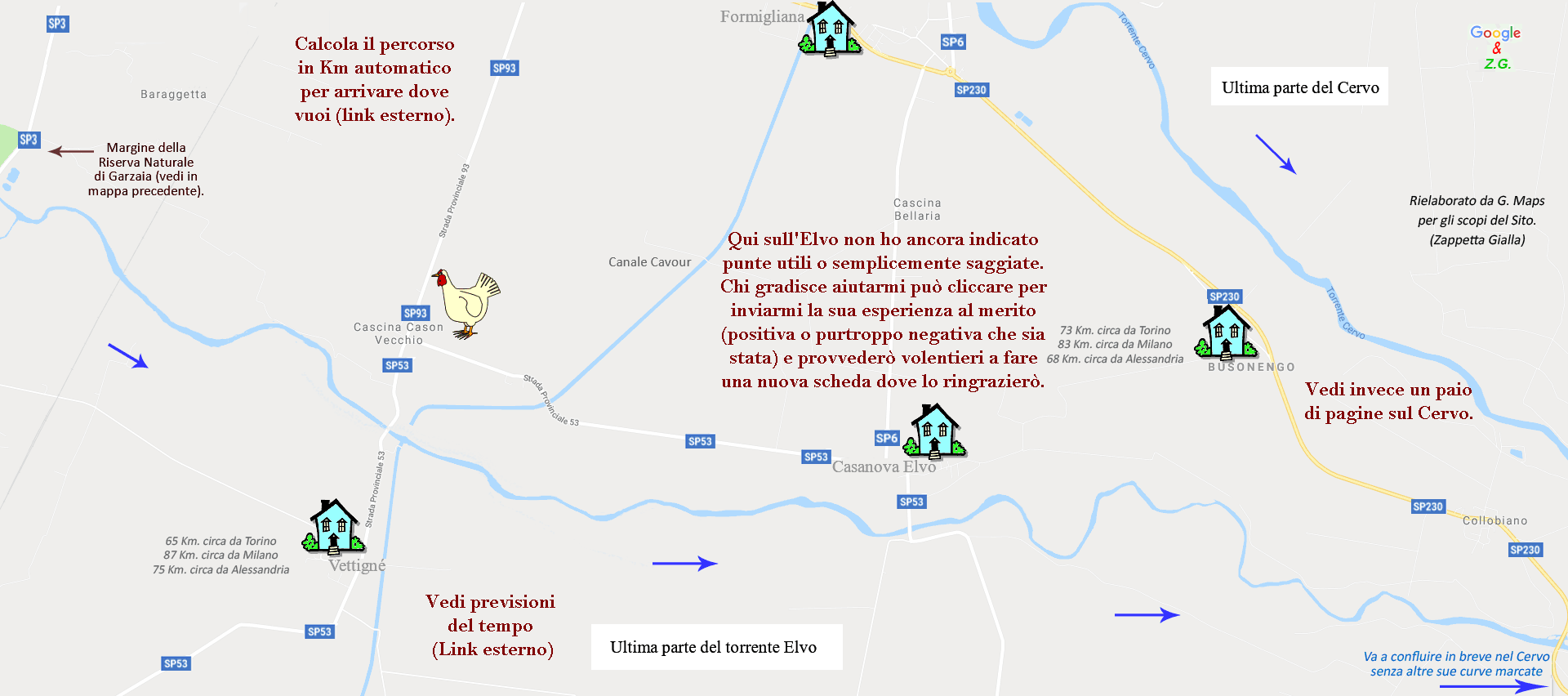 Mappa Elvo torrente aurifero, ultimo tratto descritto che ne mostra il percorso e le curve pi� marcate nelle quali potrebbe depositarsi o concentrarsi oro durante le piene.