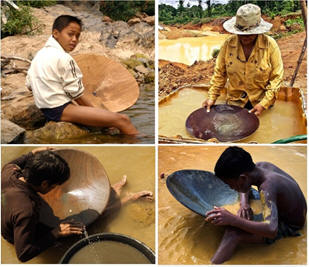 Cercatori d'oro con batea, gave, ecc.
