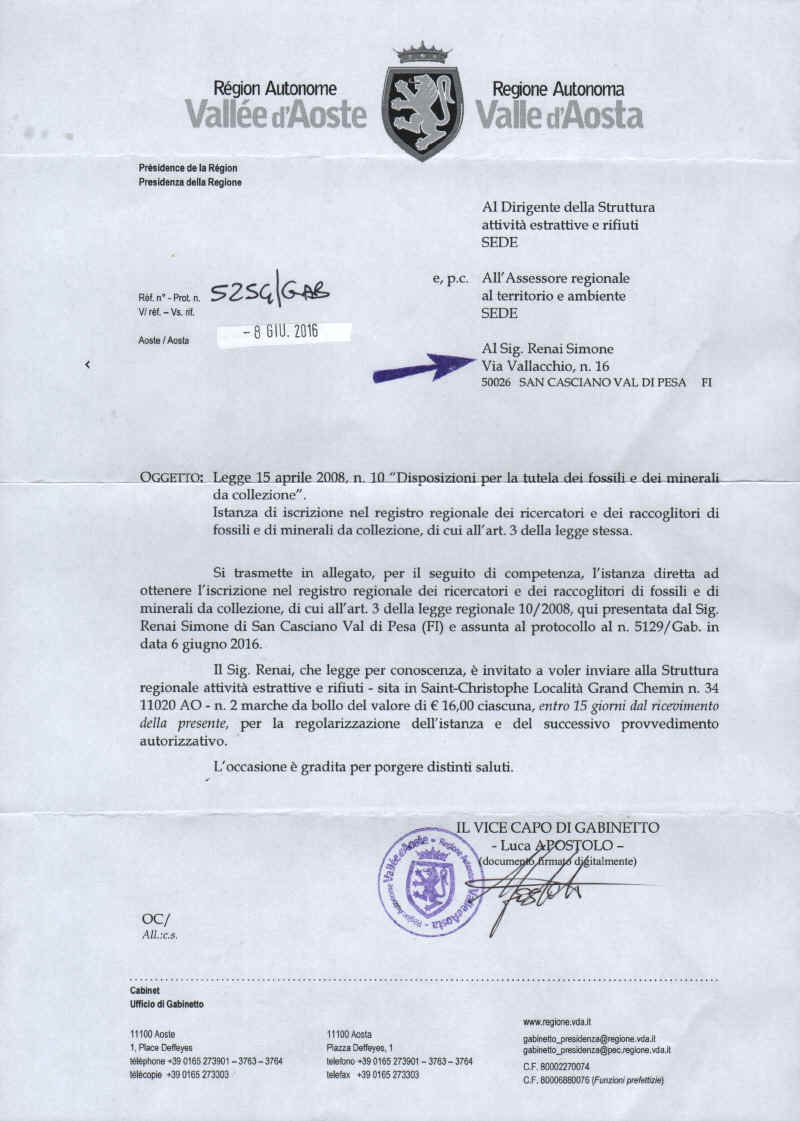V. D'AOSTA MINERALI E ORO: COMUNICATO CHE SI RICEVE DOPO AVER CHIESTO PERMESSO / ISCRIZIONE.